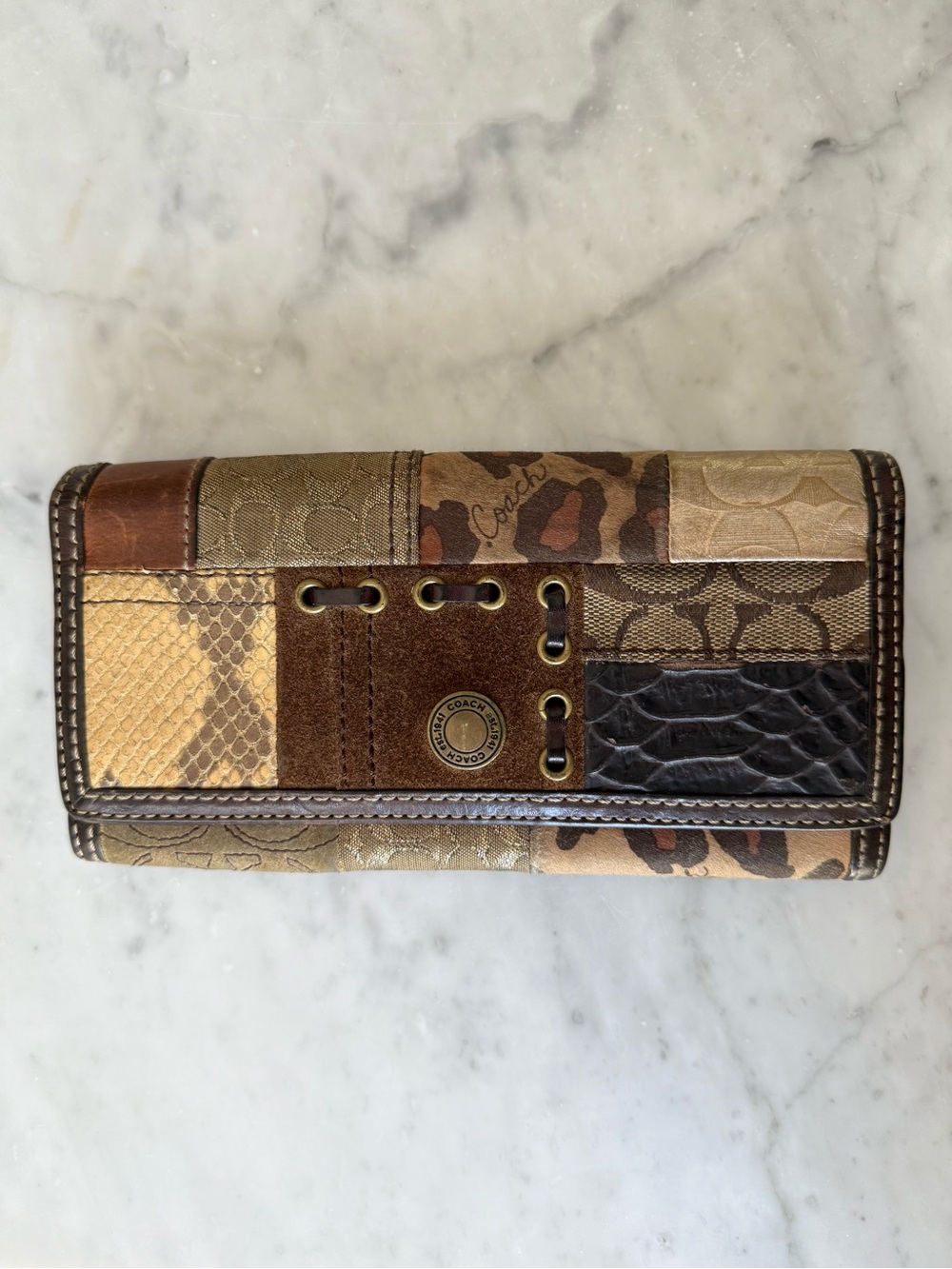 Vintage Coach Patchwork Wallet Leopard Snakeskin Signature Brown Leather Y2K